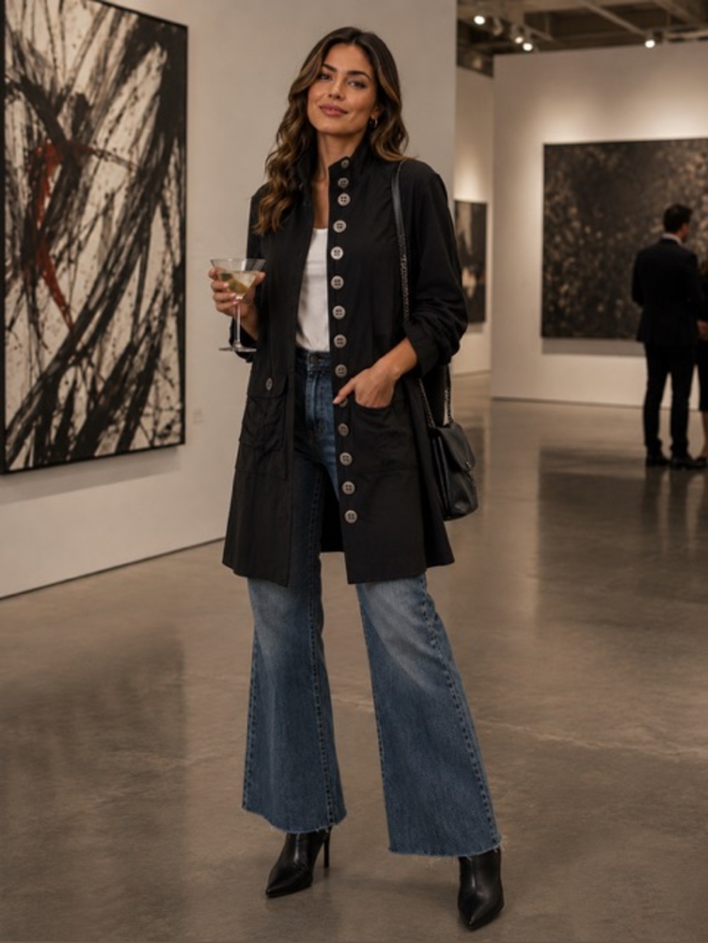 neon Buddha black thigh, length coat with large silver buttons & cinched sleeves